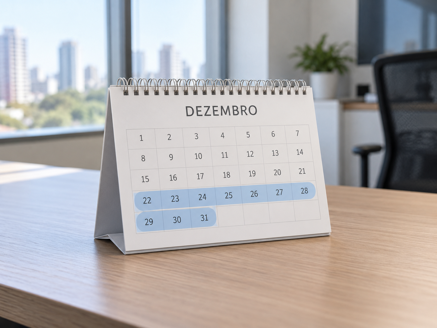 Calendário de dezembro com o período de férias coletivas marcado sobre a mesa do Departamento Pessoal