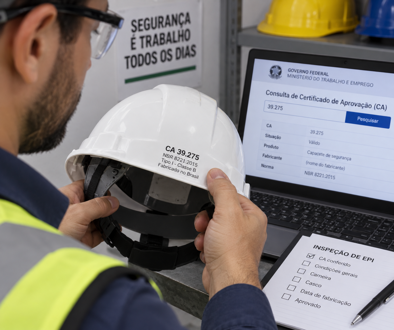 Profissional confere o número do CA na marcação de um capacete de segurança