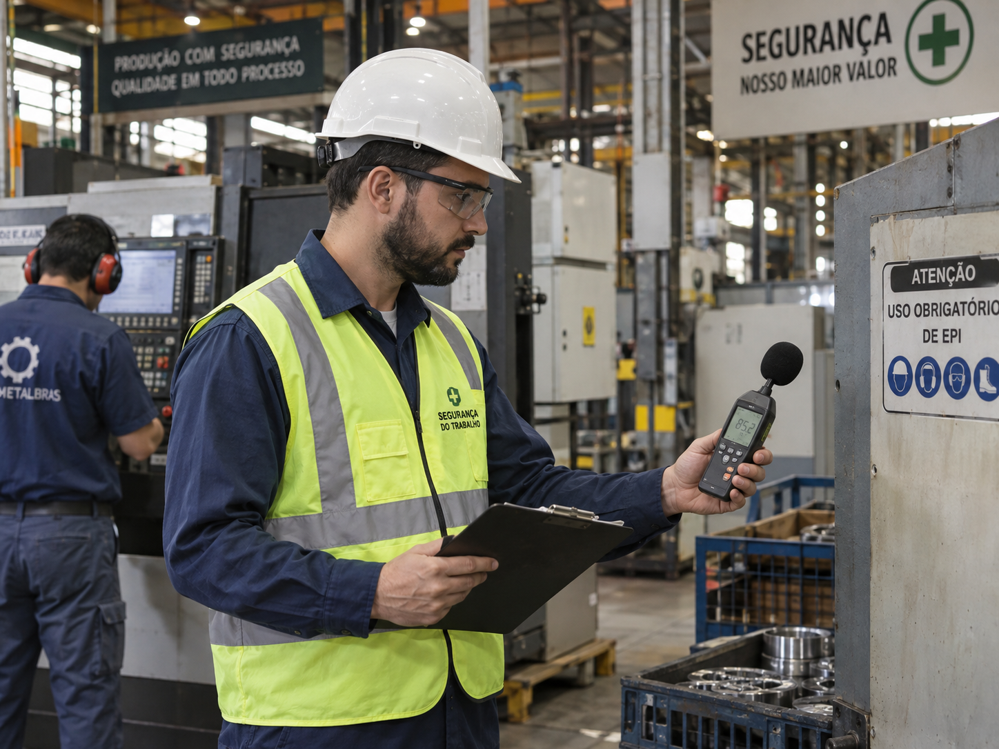 Técnico de segurança do trabalho medindo exposição a agente insalubre em ambiente industrial
